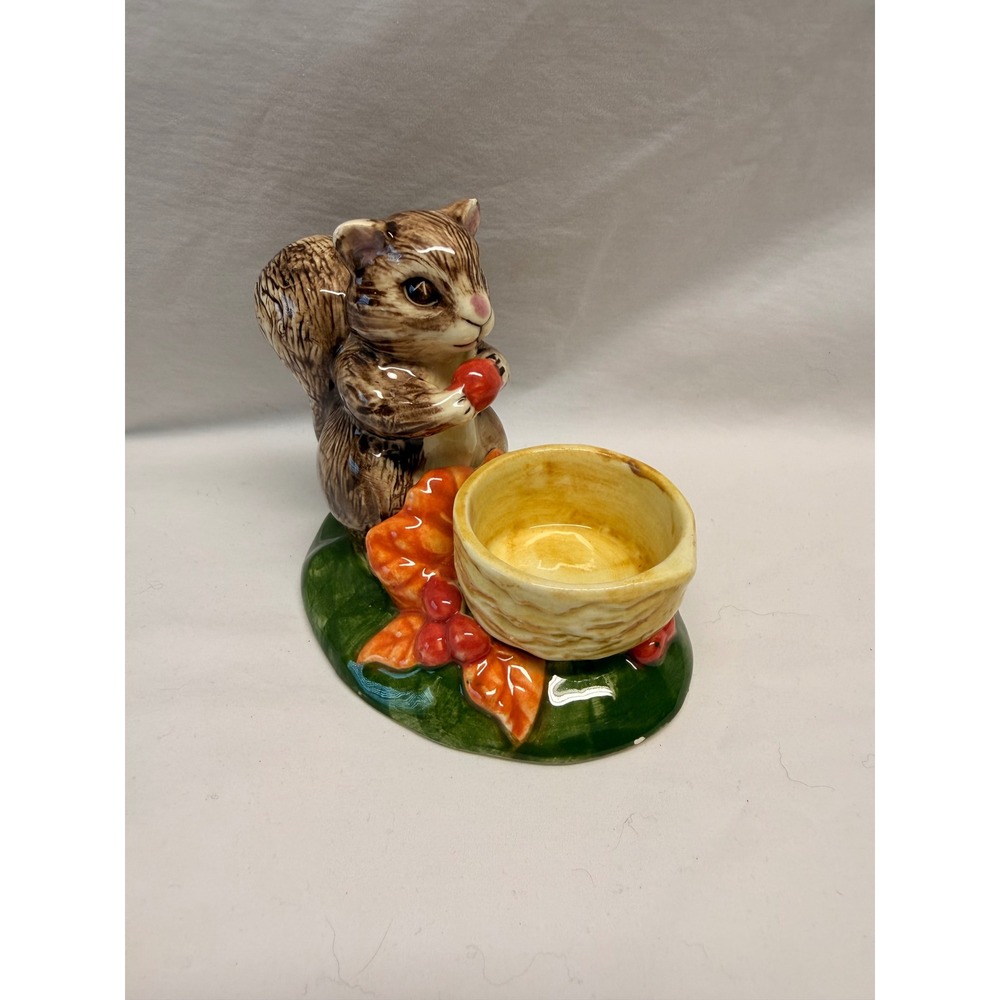 Vintage Ceramic Squirrel Figurine Votive Candle Holder Autumn Leaves Berries